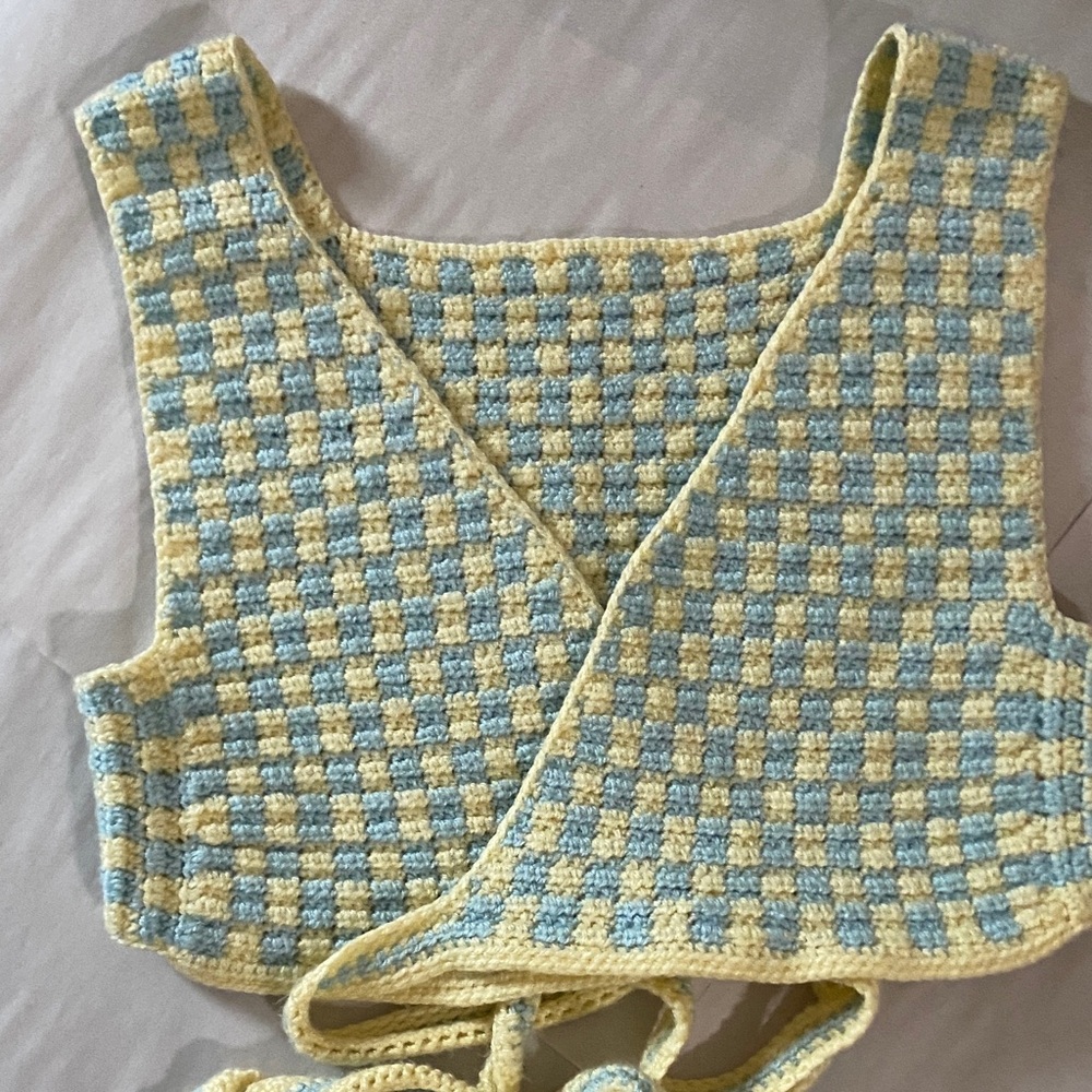 Yellow and Blue Checkered Women's Top vest with waist strap/belt